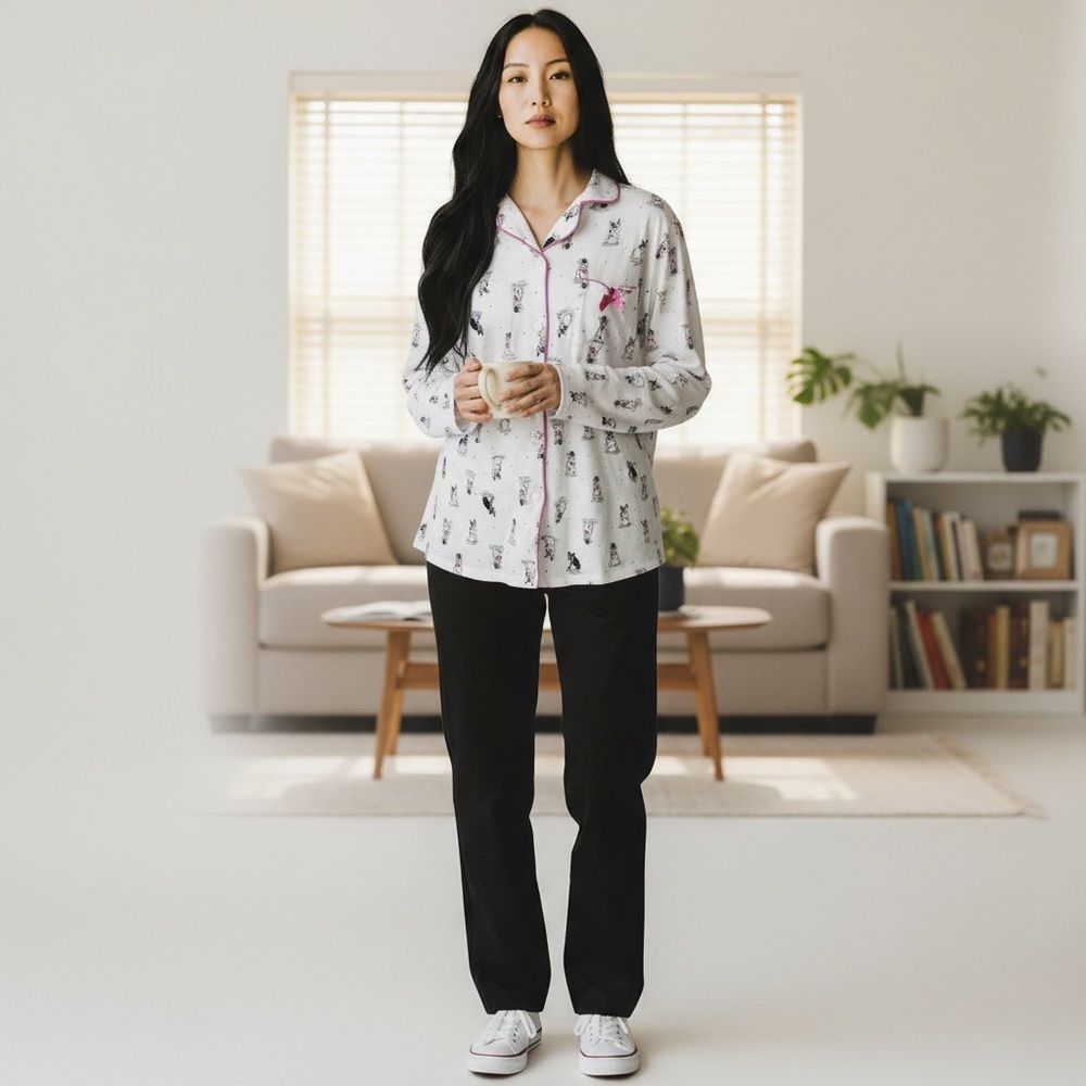 Laura Ashley PJ Top Women’s L White Pink Bulldog Loungewear‎ Cozy Nightshirt